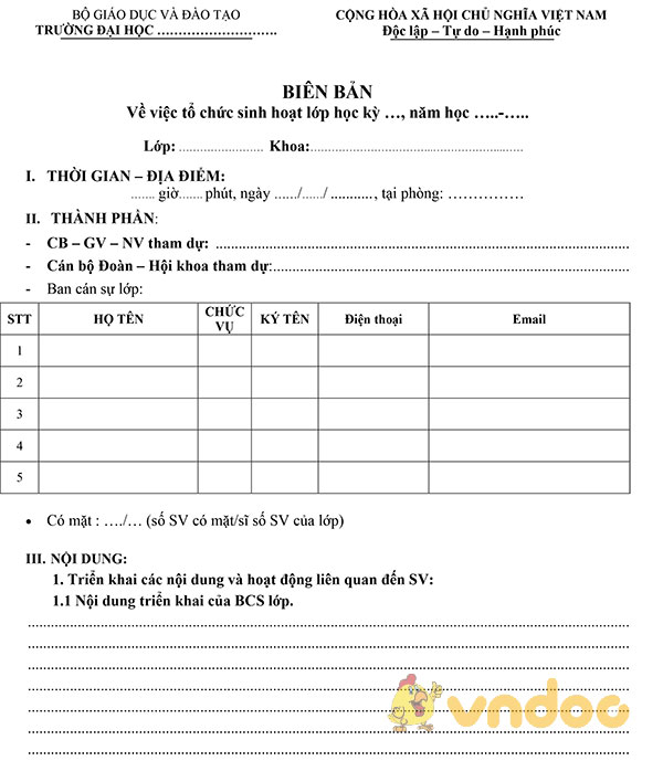 Biên bản tổ chức sinh hoạt lớp