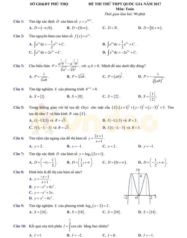 Đề thi thử THPT Quốc gia năm 2017 môn Toán
