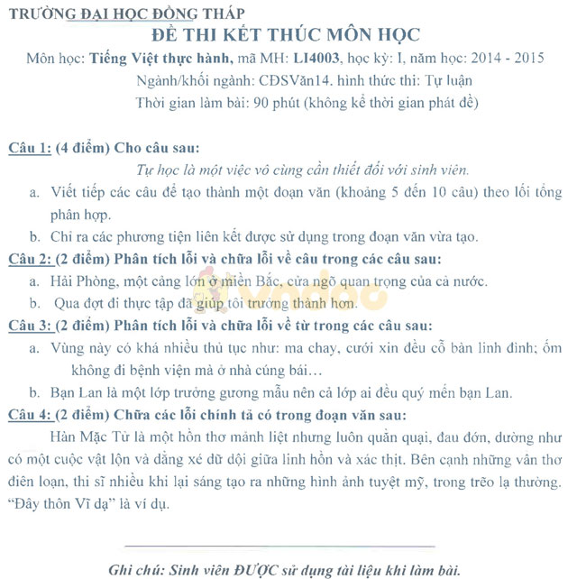 Đề thi môn Tiếng Việt thực hành trường Đại học Đồng Tháp năm học 2014 - 2015 Đề thi môn Tiếng Việt thực hành có đáp án