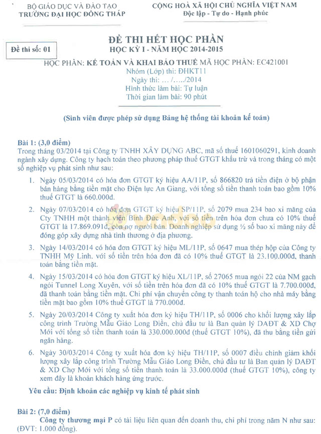 Đề thi môn Kế toán và khai báo thuế có đáp án