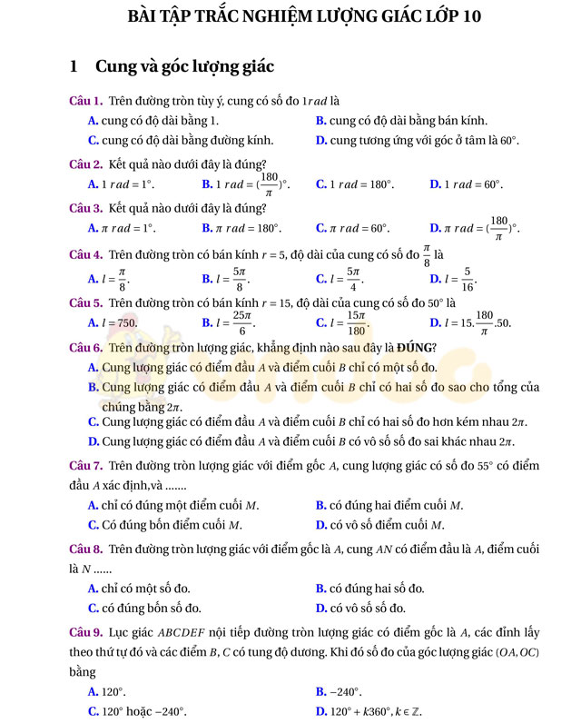 315 câu trắc nghiệm lượng giác