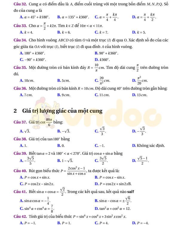 315 câu trắc nghiệm lượng giác