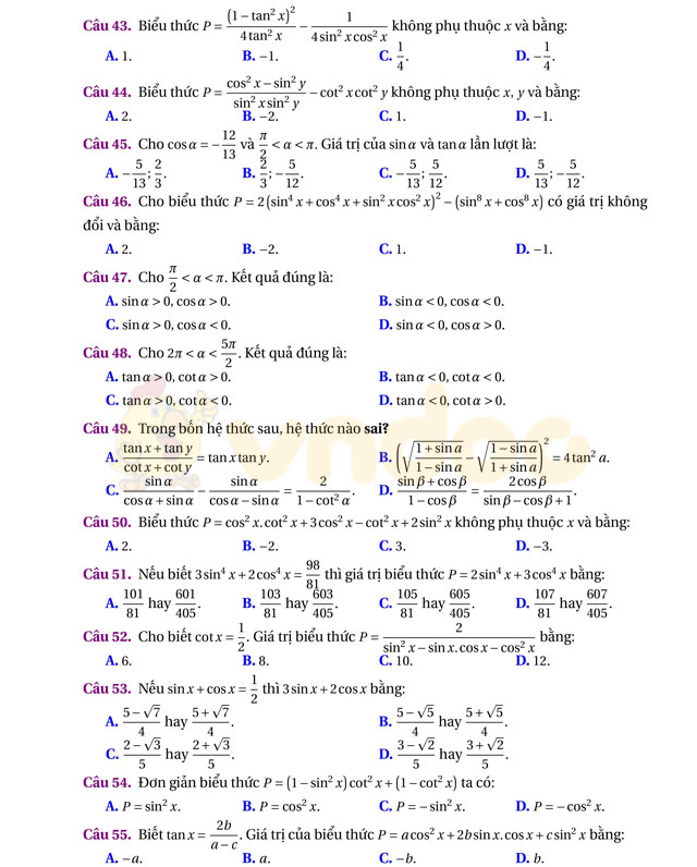 315 câu trắc nghiệm lượng giác