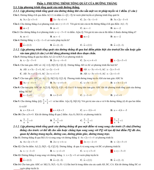 Trắc nghiệm phương pháp tọa độ trong mặt phẳng