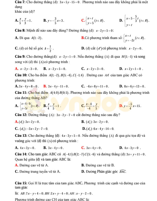 Bài tập trắc nghiệm phương pháp tọa độ trong mặt phẳng