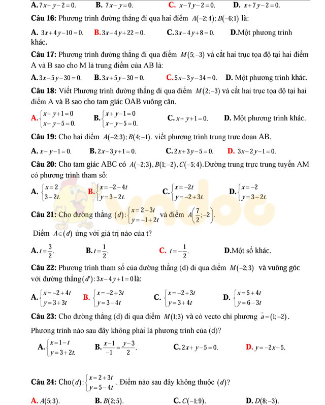 Bài tập trắc nghiệm phương pháp tọa độ trong mặt phẳng