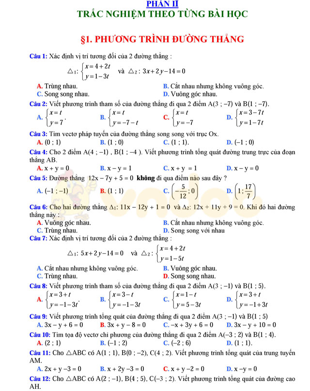 Bài tập trắc nghiệm phương pháp tọa độ trong mặt phẳng