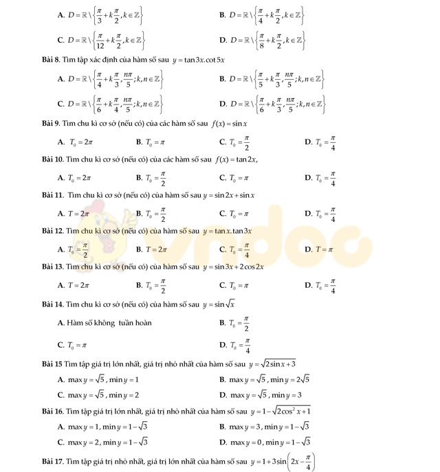 Câu hỏi trắc nghiệm phương trình lượng giác có đáp án