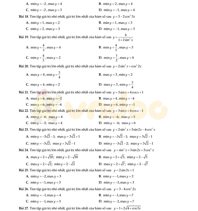 Câu hỏi trắc nghiệm phương trình lượng giác có đáp án