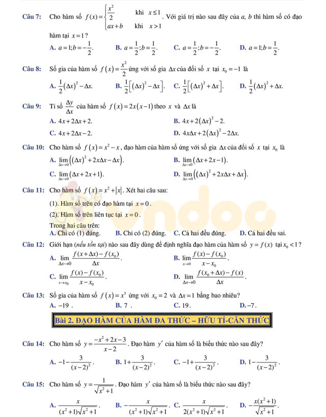 Câu hỏi trắc nghiệm đạo hàm có lời giải chi tiết
