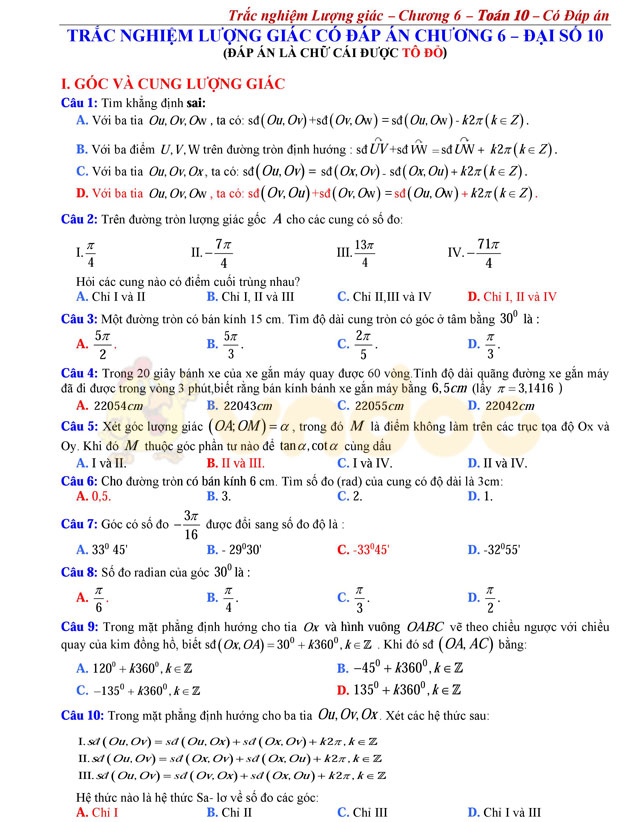 Trắc nghiệm lượng giác có đáp án