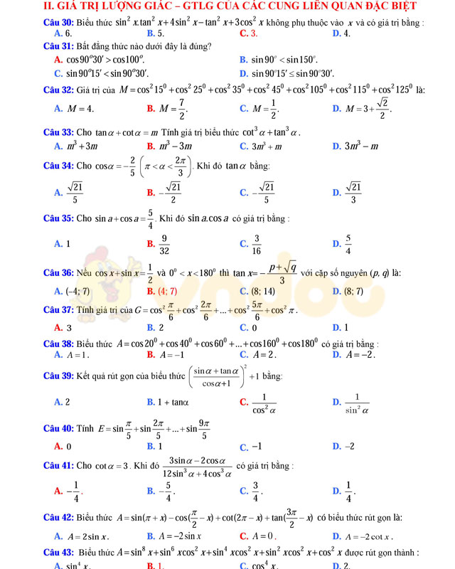 Trắc nghiệm lượng giác có đáp án