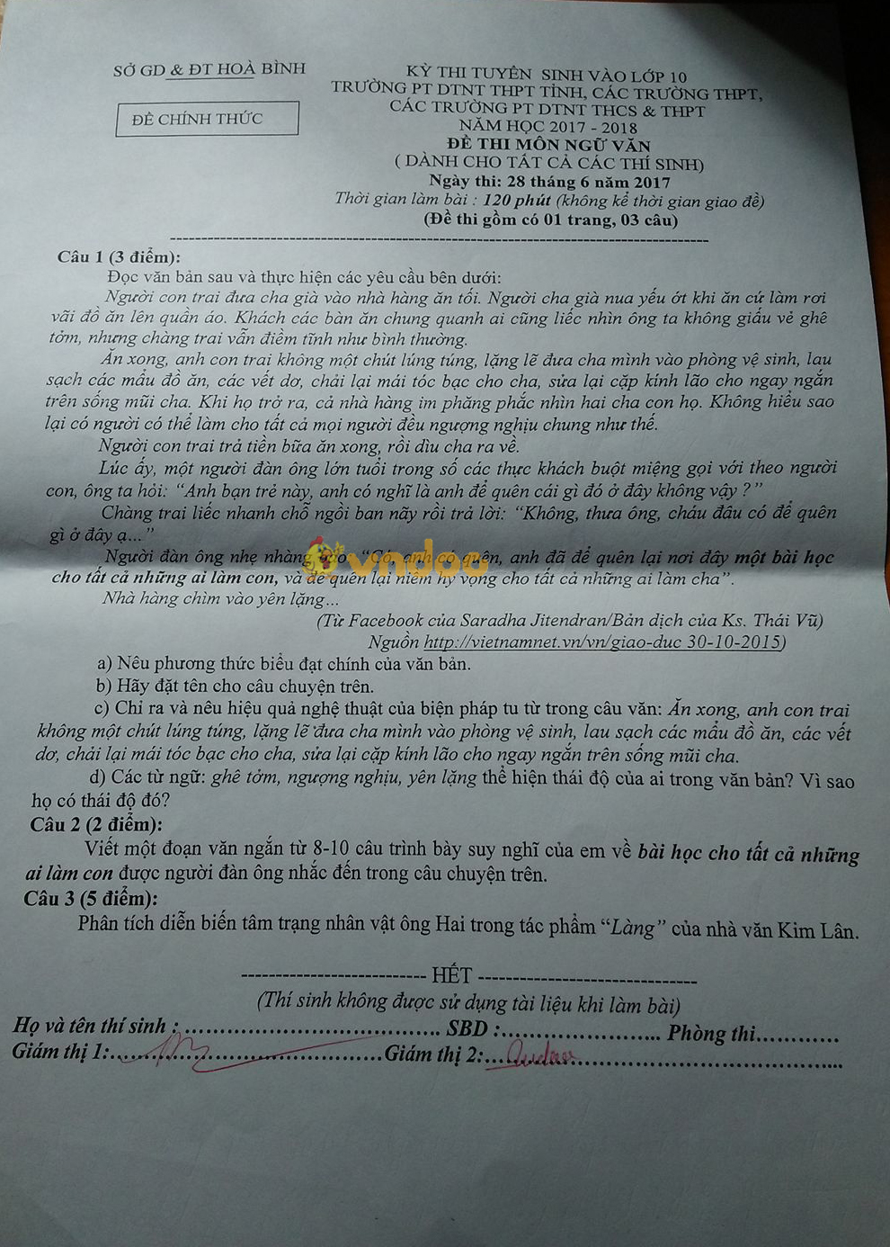 Đề thi vào lớp 10 THPT môn Ngữ văn