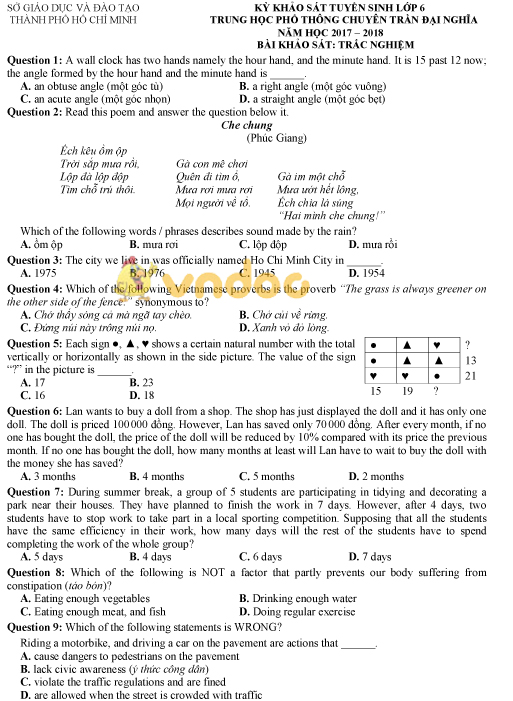 Đề trắc nghiệm tuyển sinh vào lớp 6