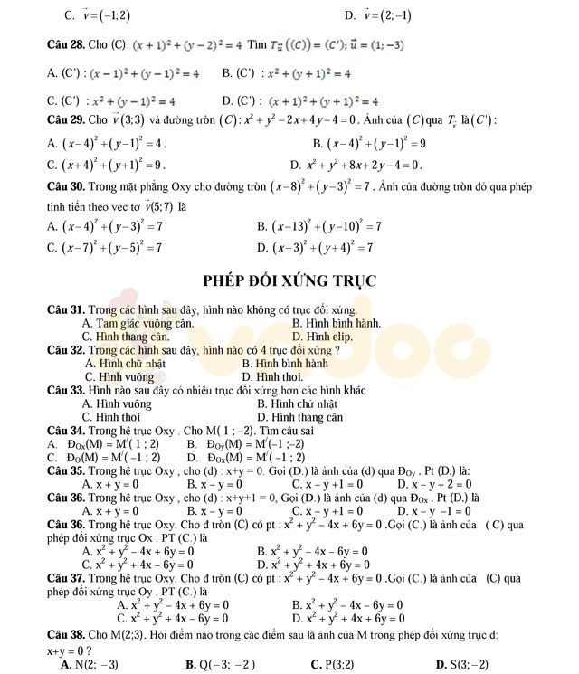 Câu hỏi trắc nghiệm phép biến hình trong mặt phẳng