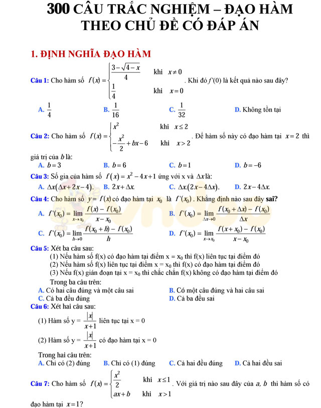 Câu hỏi trắc nghiệm đạo hàm có đáp án