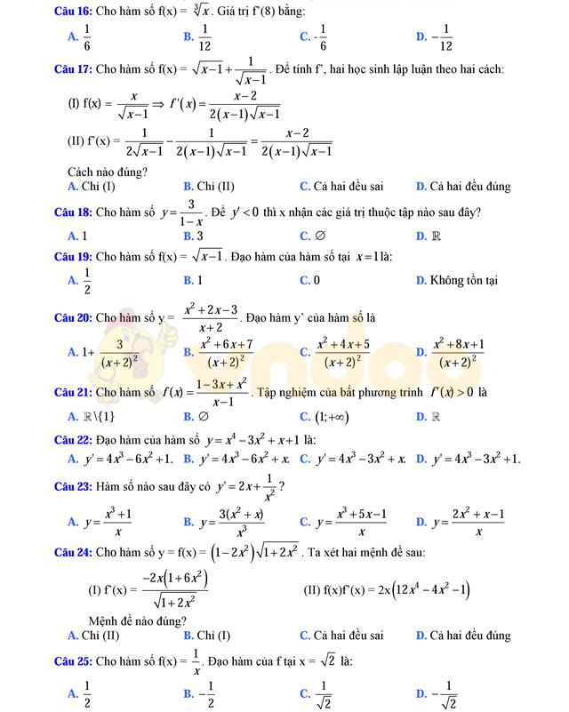 Câu hỏi trắc nghiệm đạo hàm có đáp án