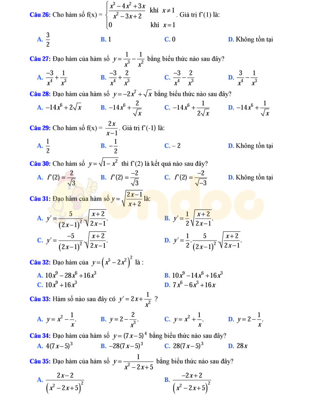 Câu hỏi trắc nghiệm đạo hàm có đáp án