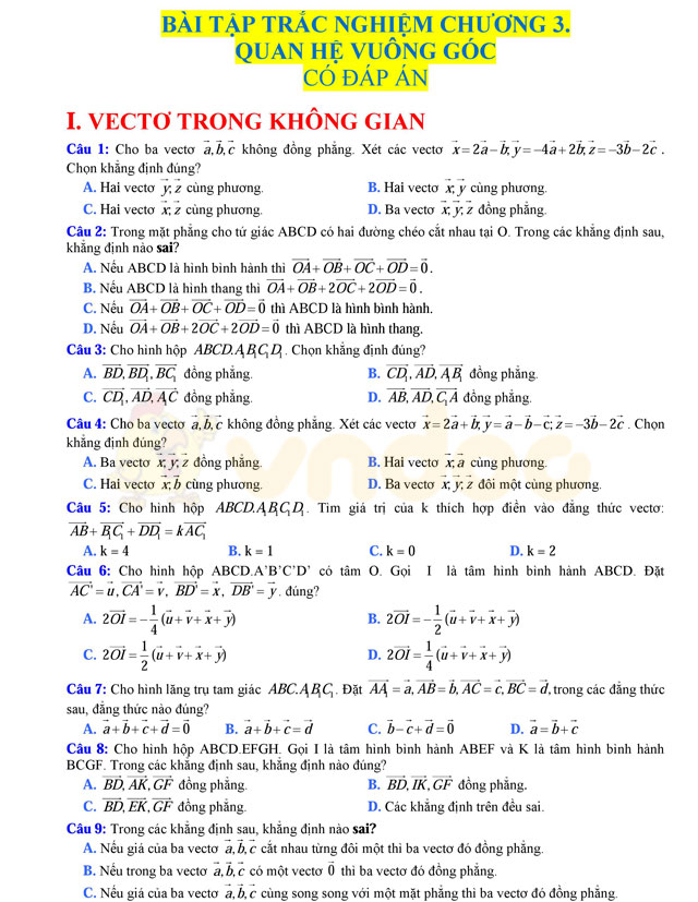 Câu hỏi trắc nghiệm quan hệ vuông góc trong không gian có đáp án