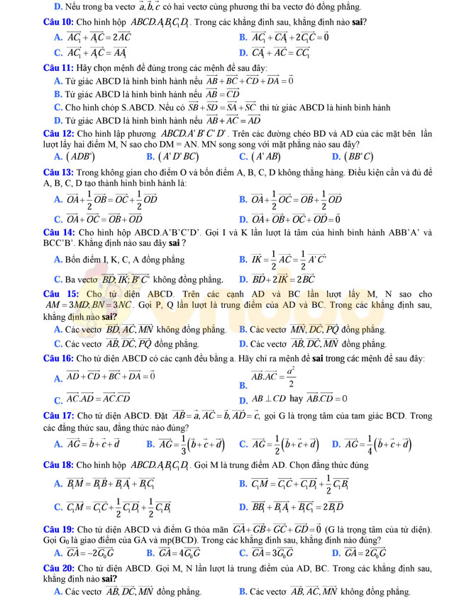 Câu hỏi trắc nghiệm quan hệ vuông góc trong không gian có đáp án