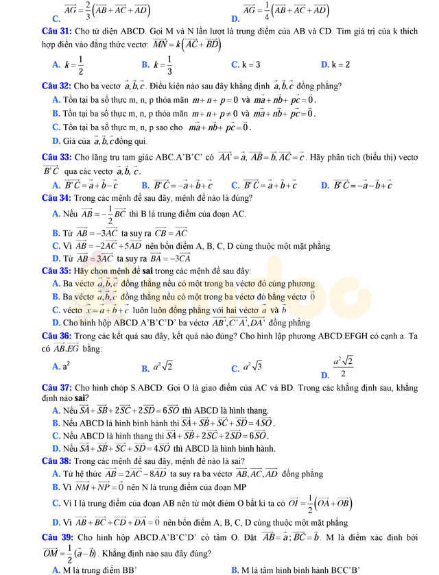 Câu hỏi trắc nghiệm quan hệ vuông góc trong không gian có đáp án