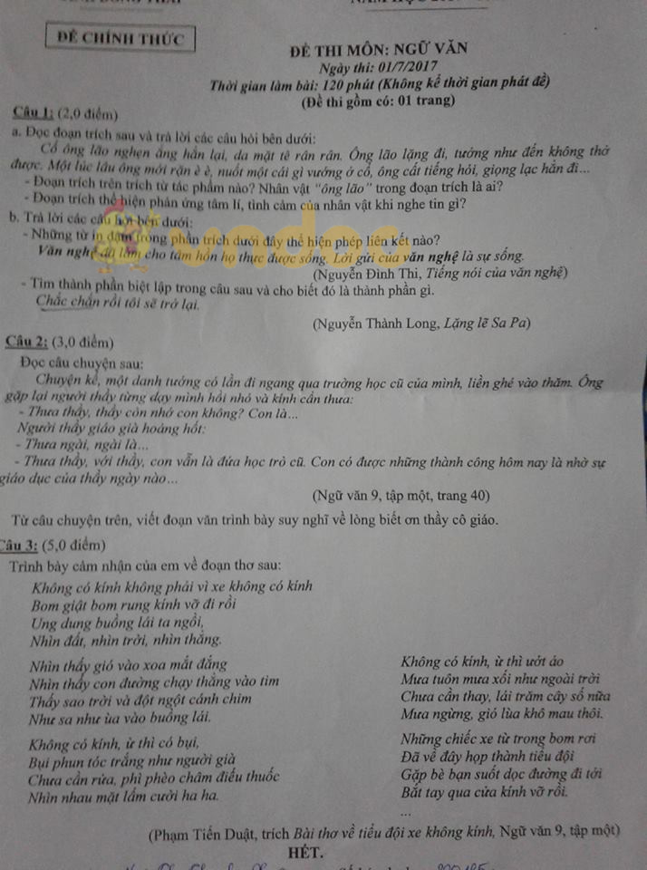 Đề thi vào lớp 10 THPT môn Ngữ văn