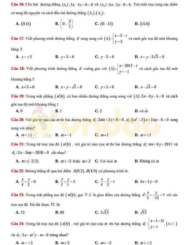Bài tập trắc nghiệm phương pháp tọa độ trong mặt phẳng