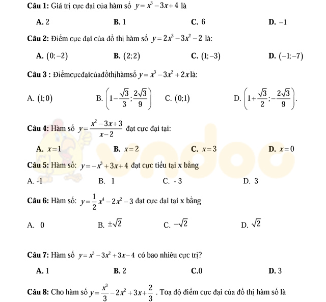 Bài tập trắc nghiệm cực trị hàm số