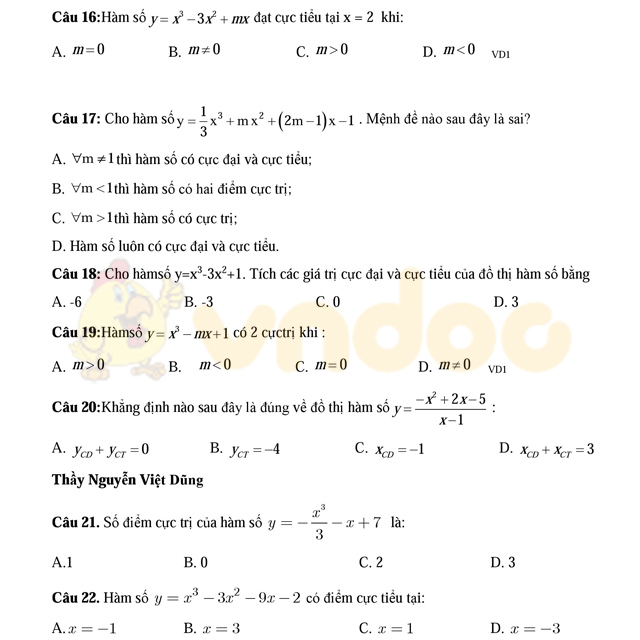 Bài tập trắc nghiệm cực trị hàm số