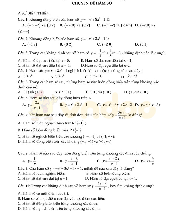 Câu hỏi trắc nghiệm chuyên đề hàm số có đáp án