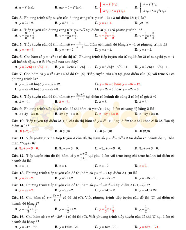 Câu hỏi trắc nghiệm tiếp tuyến của đồ thị hàm số