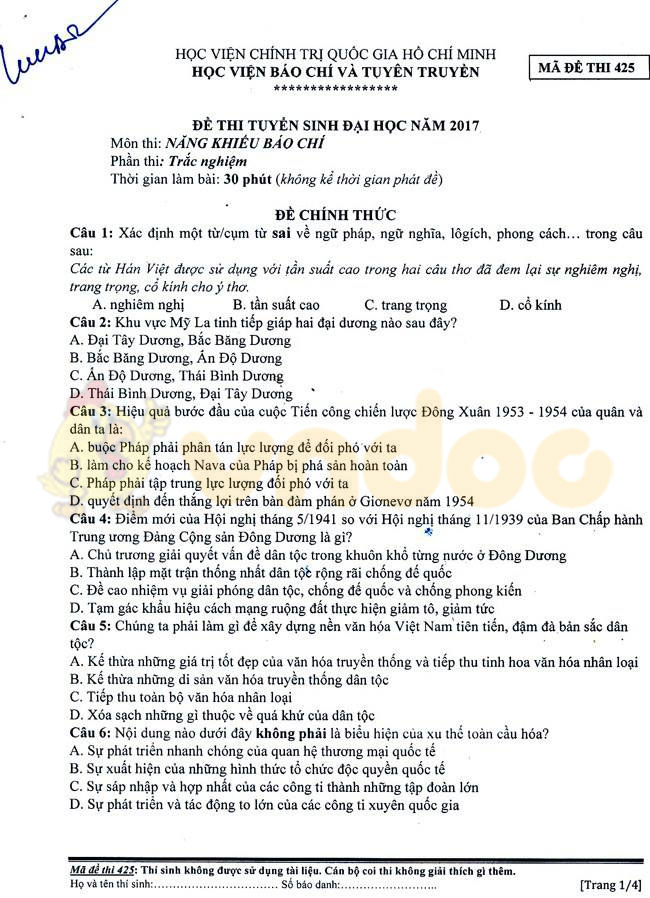 Đề thi năng khiếu Học viện Báo chí và Tuyên truyền năm 2017