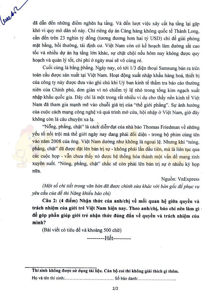 Đề thi năng khiếu Học viện Báo chí và Tuyên truyền năm 2017