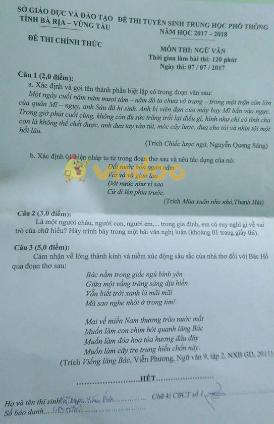 Đề thi tuyển sinh vào lớp 10 THPT môn Ngữ văn Sở GD&ĐT Bà Rịa - Vũng Tàu