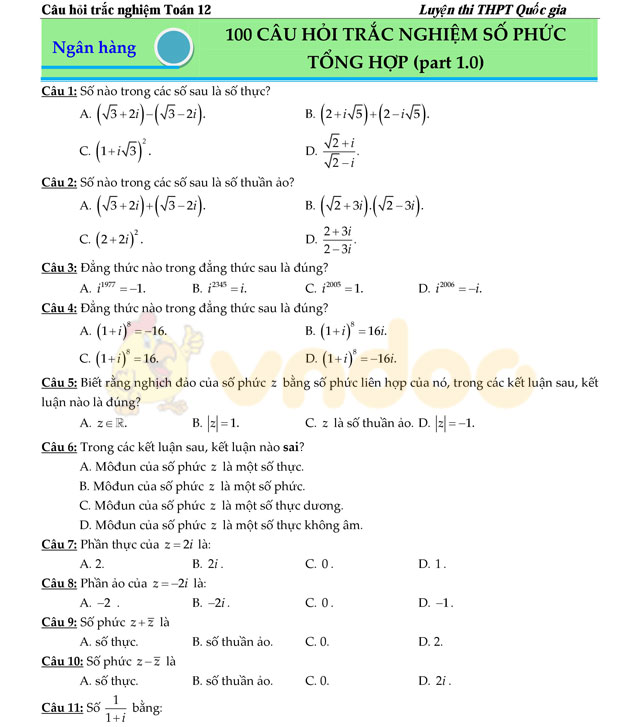 Câu hỏi trắc nghiệm số phức tổng hợp có đáp án