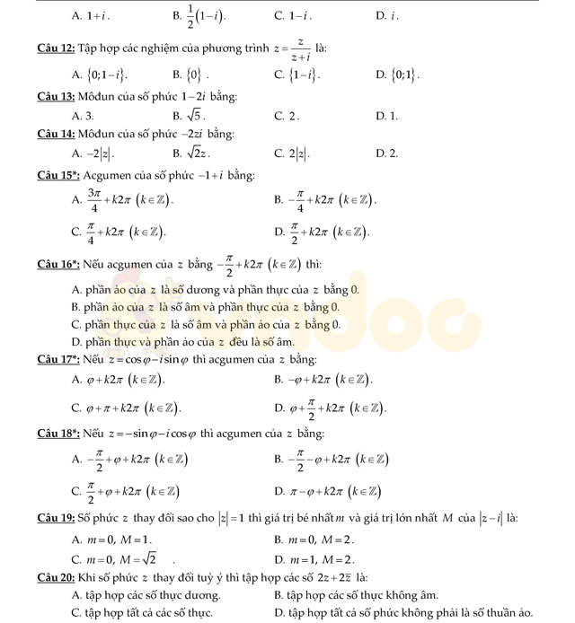 Câu hỏi trắc nghiệm số phức tổng hợp có đáp án