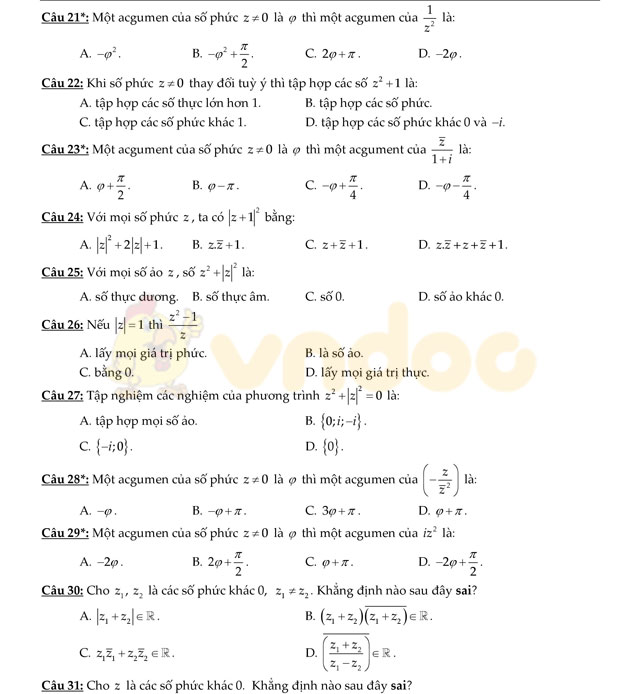 Câu hỏi trắc nghiệm số phức tổng hợp có đáp án