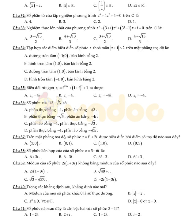 Câu hỏi trắc nghiệm số phức tổng hợp có đáp án
