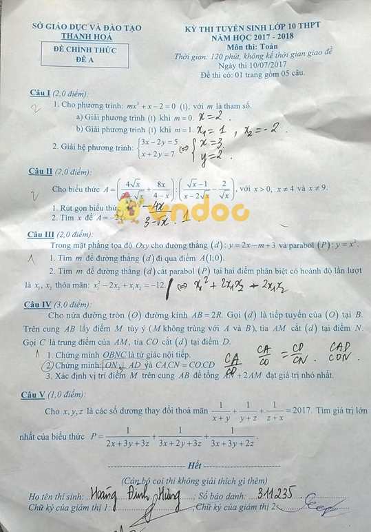 Đề thi vào lớp 10 THPT môn Toán tỉnh Thanh Hóa