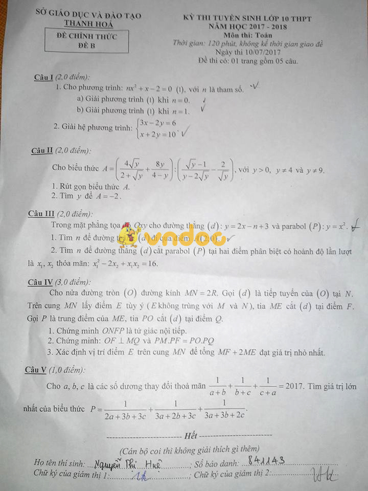 Đề thi vào lớp 10 THPT môn Toán tỉnh Thanh Hóa