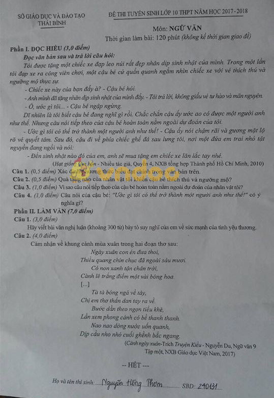 Đề thi vào lớp 10 THPT môn Ngữ văn tỉnh thái bình