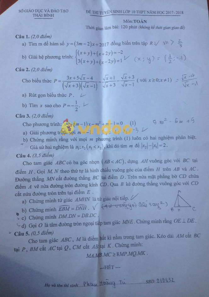 Đề thi vào lớp 10 THPT môn Toán Sở GD&ĐT Thái Bình