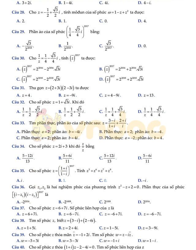 Bài tập trắc nghiệm số phức có lời giải chi tiết