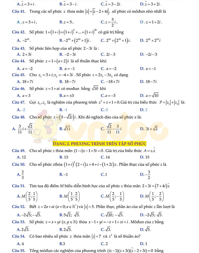 Bài tập trắc nghiệm số phức có lời giải chi tiết