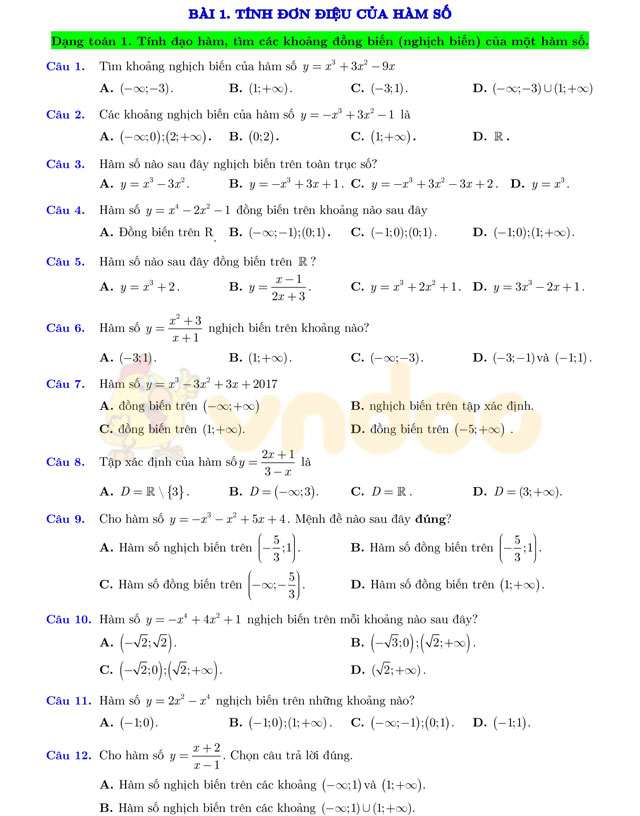 Câu hỏi trắc nghiệm chuyên đề hàm số