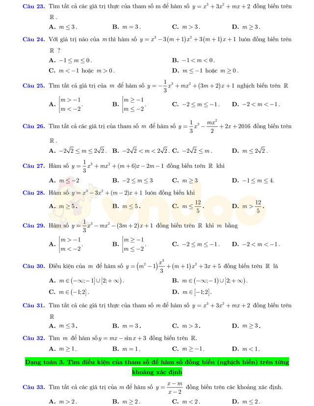 Câu hỏi trắc nghiệm chuyên đề hàm số