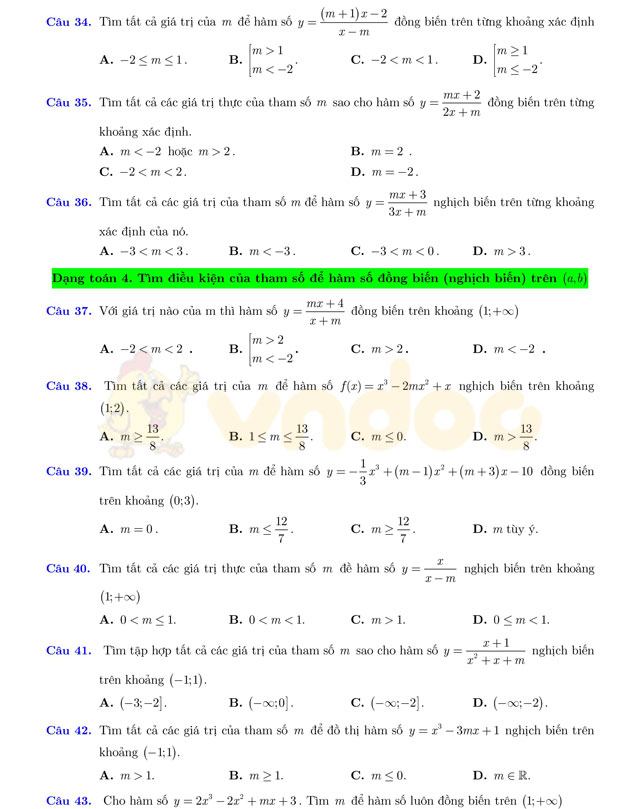 Câu hỏi trắc nghiệm chuyên đề hàm số