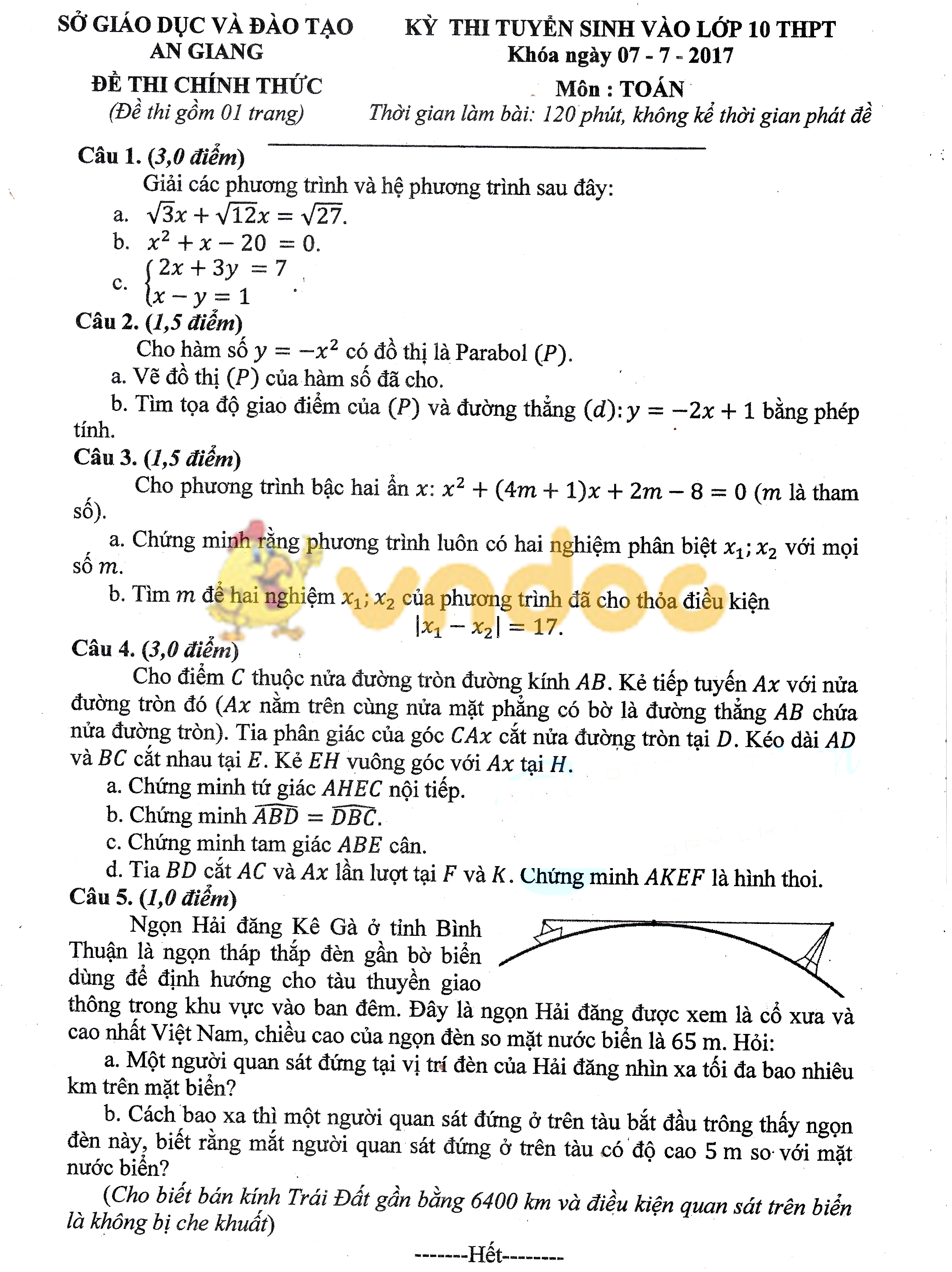 Đề thi vào lớp 10 THPT môn Toán tỉnh An Giang