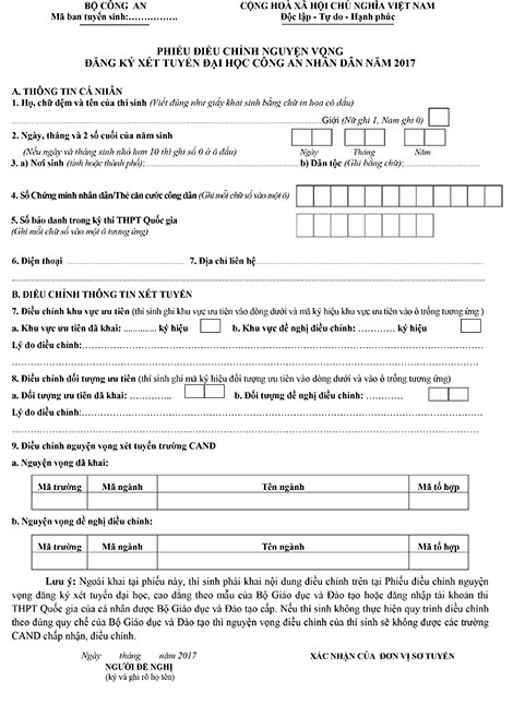Hướng dẫn điểu chỉnh nguyện vọng các trường công an 2017