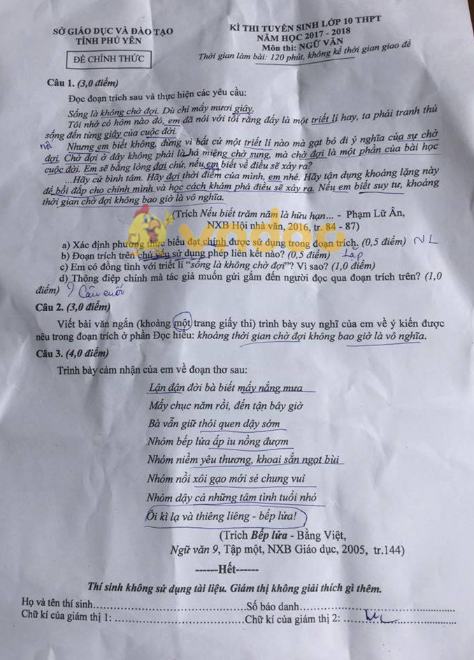 Đề thi vào lớp 10 THPT môn Ngữ văn tỉnh Phú Yên